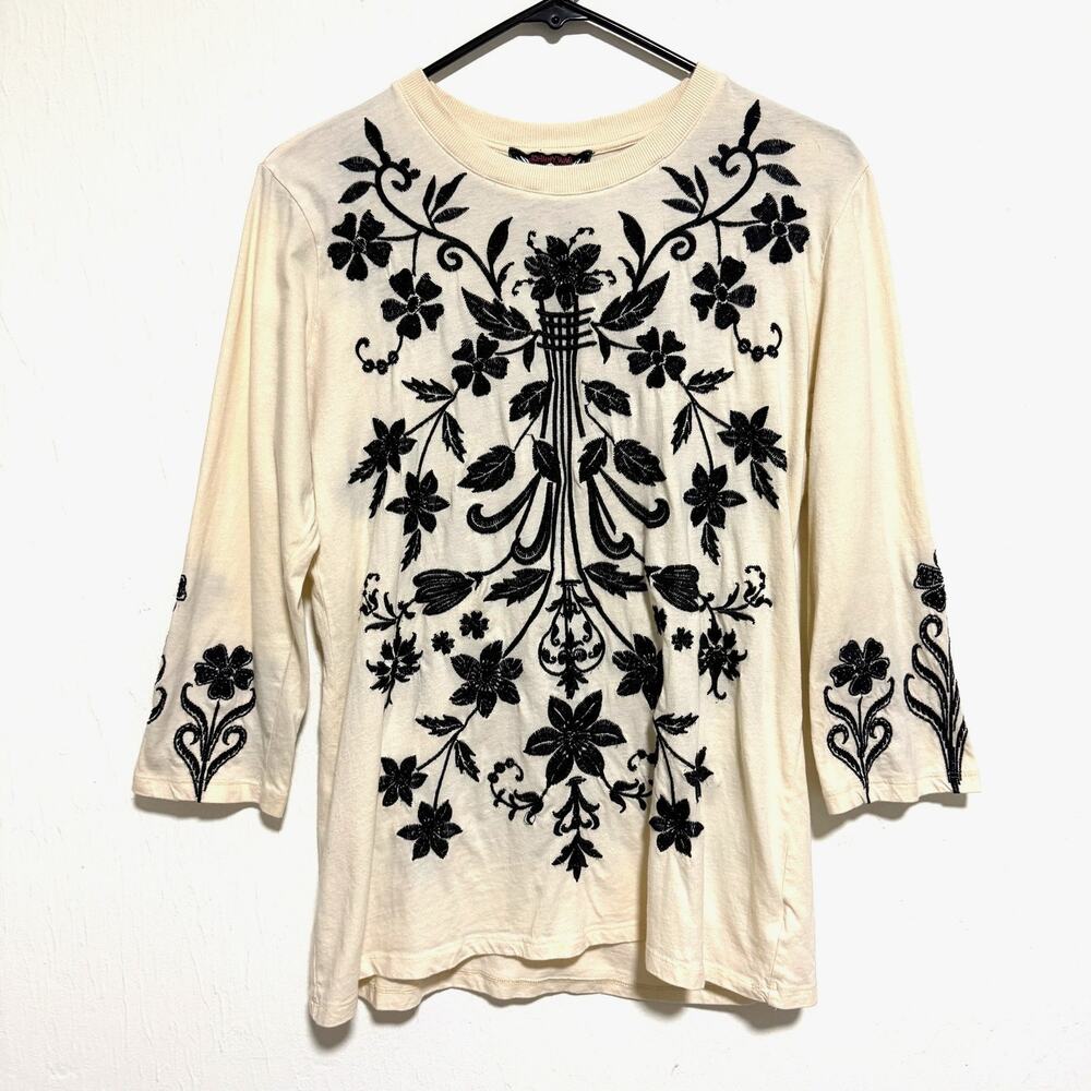 Johnny Was Womens Embroidered 3/4 Sleeve Top S Cream Black Boho Floral Cotton